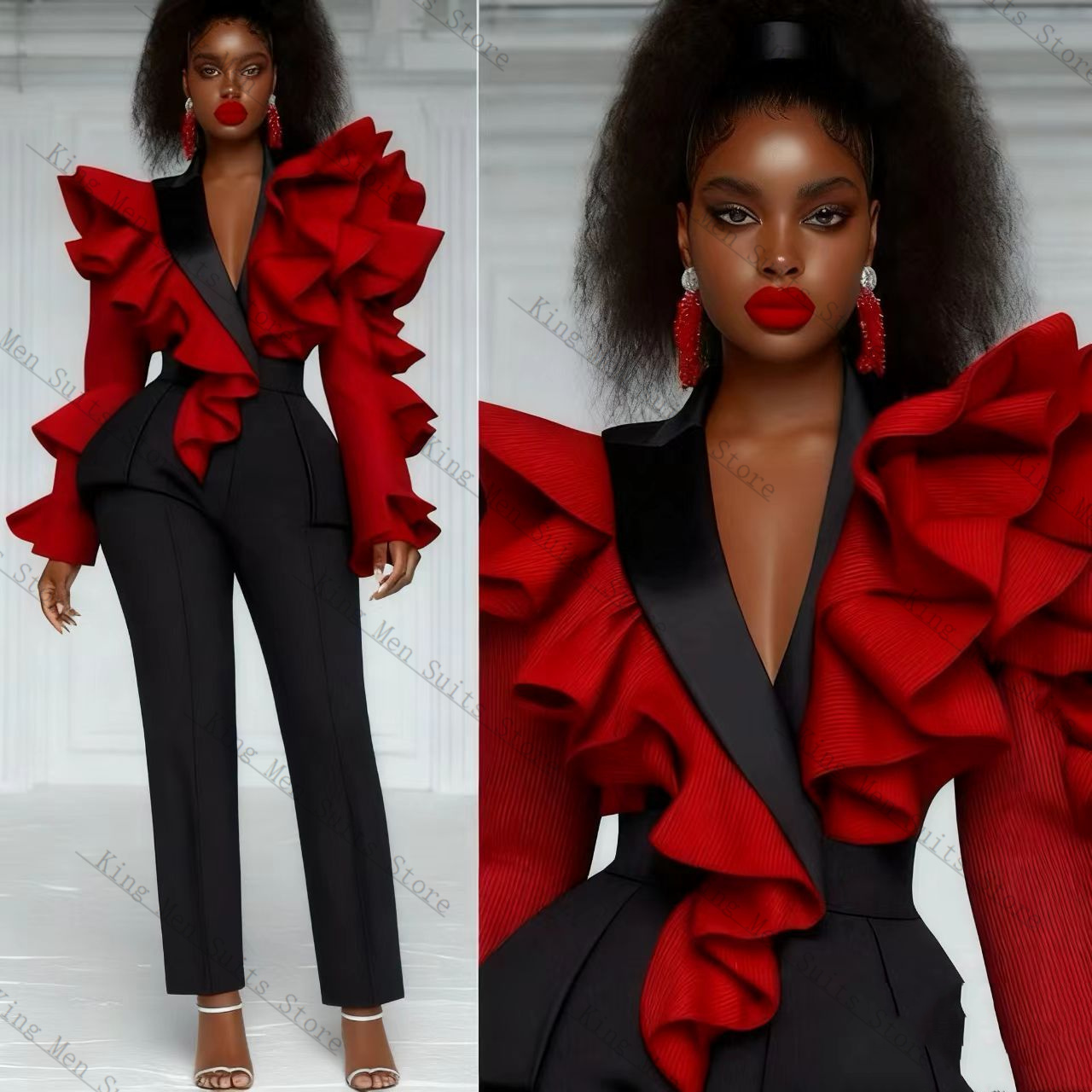 Women'S Formal Wear Tuxedo - Abito da donna rosso nero Set