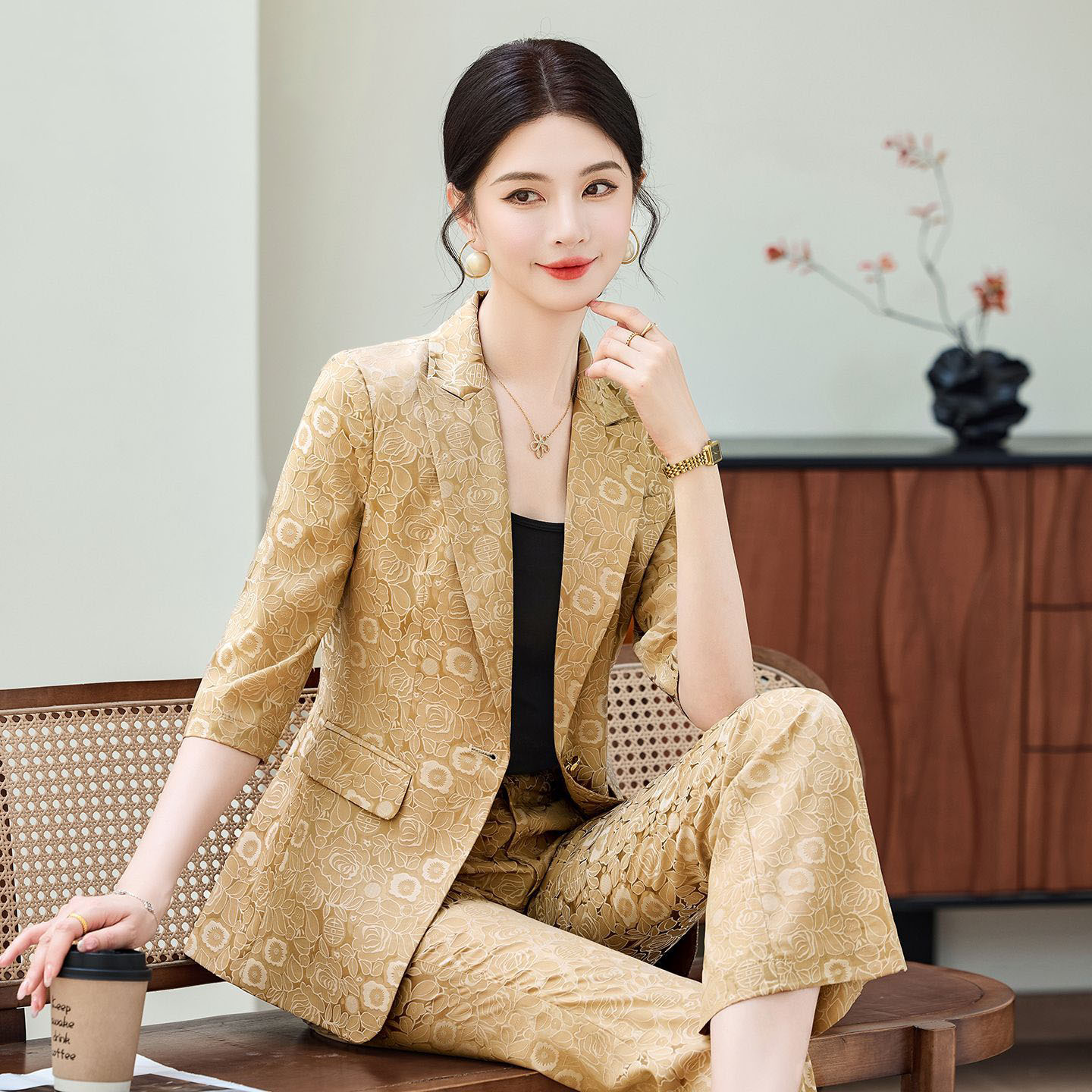 Women Formal Wear Pants - Completo Professionale Donna Mezza Manica Albicocca